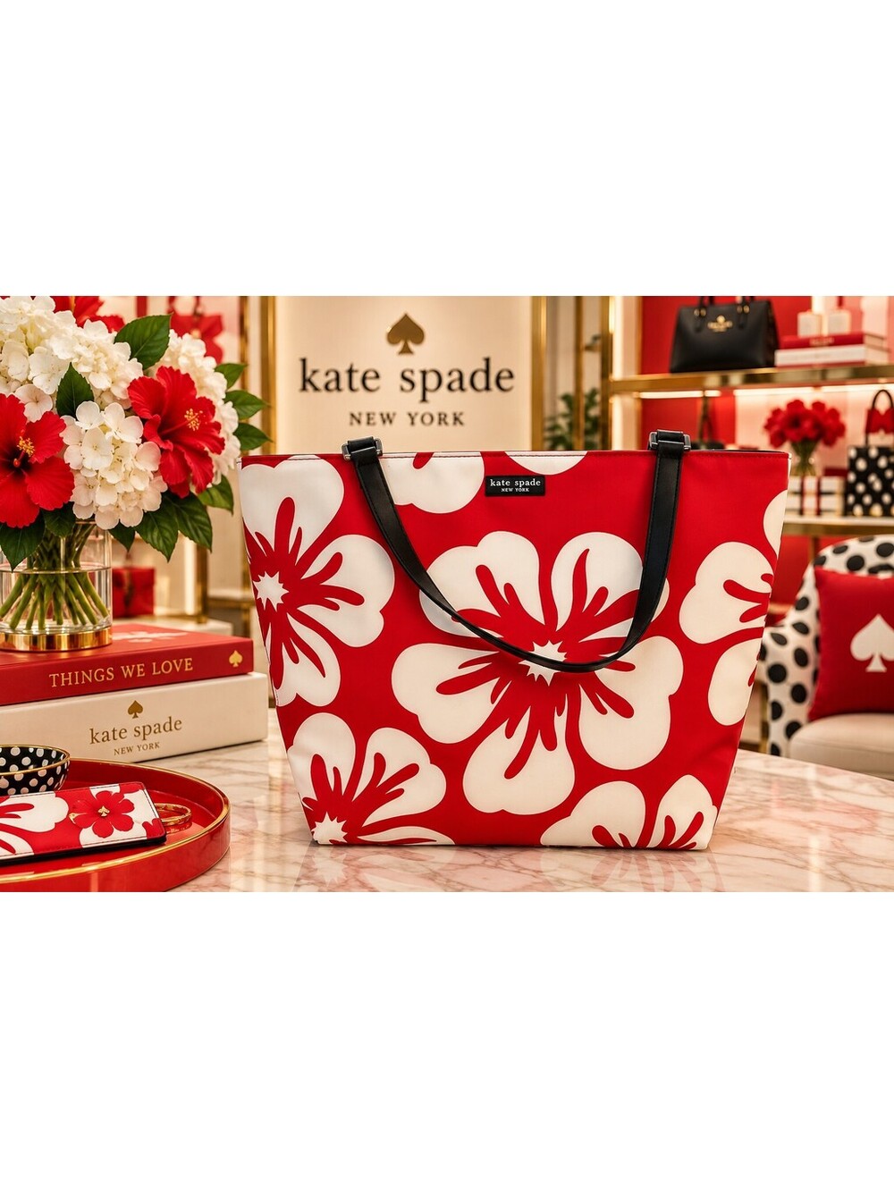 Kate Spade | Vintage Red Hibiscus Nylon Tote